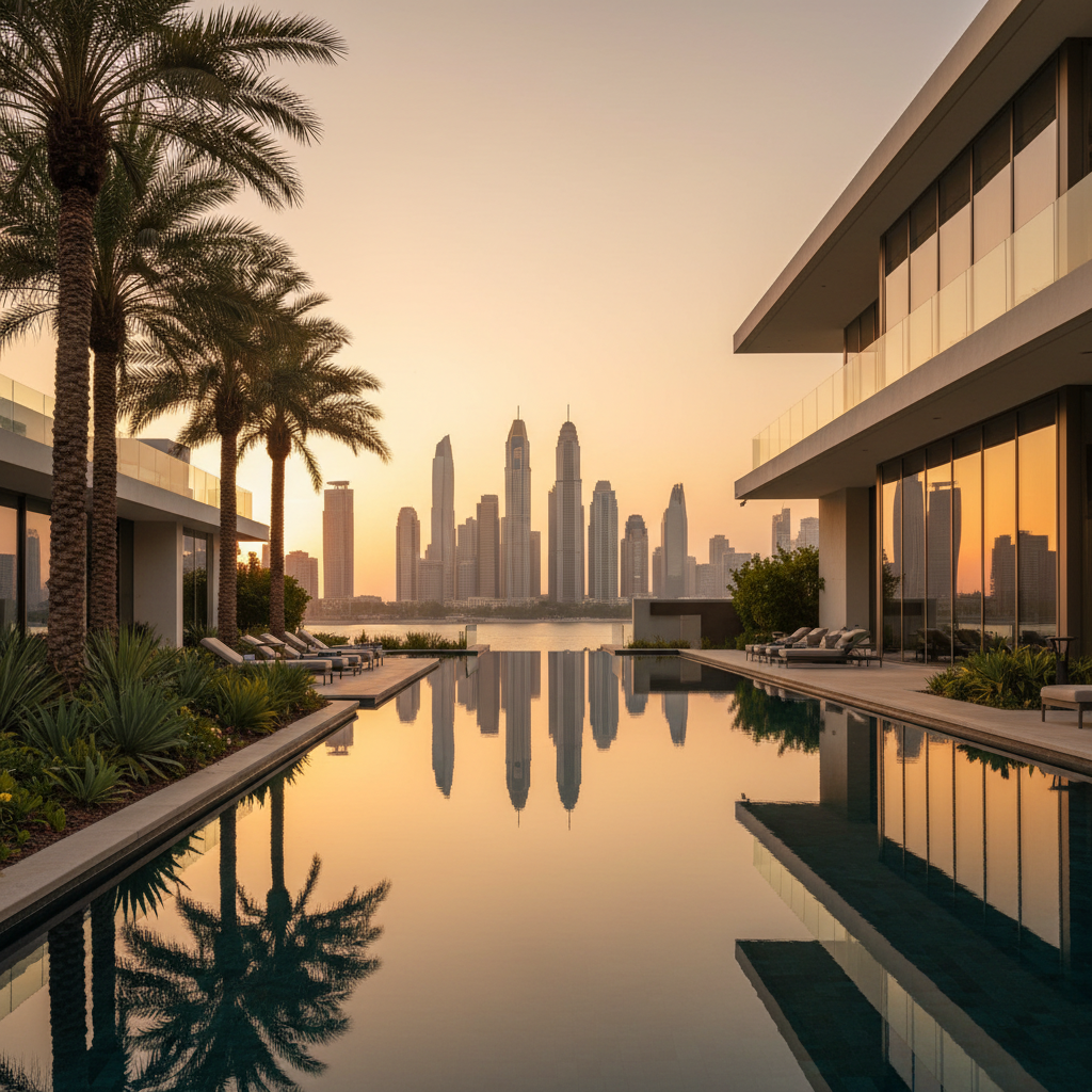 Luxury UAE real estate properties — modern villa with infinity pool overlooking Dubai skyline